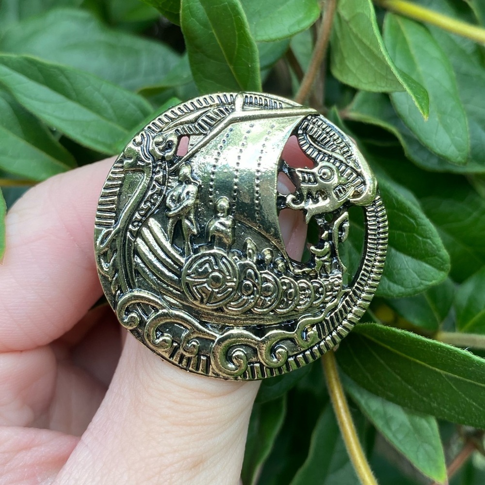 Vintage Viking Inspired Brooch, Engraved Detailing, Gold  Tone, Water Dragon